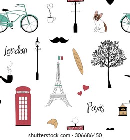 Seamless pattern with Paris and London symbols