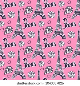 Seamless pattern Paris. Modern Bright design for girls. Vector illustration is isolated on a pink background. Illustration black ink Eiffel Tower.