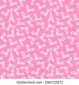 Seamless pattern Paris. Modern Bright design for girls. Vector illustration is isolated on a pink background. Illustration white ink Eiffel Tower.