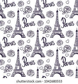 Seamless pattern Paris. Modern hand drawing design for girls. Vector illustration black ink Eiffel Tower is isolated on a white background. 