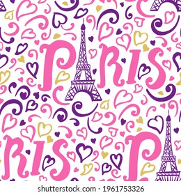 Seamless pattern Paris. Modern hand drawing pink color surface design for girls. Vector illustration doodle ink Eiffel Tower with hearts is isolated on a white background.