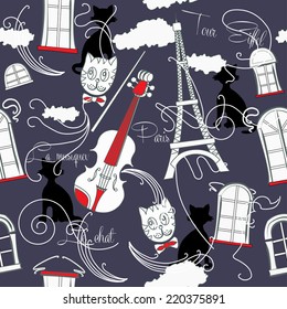 Seamless pattern with  Paris and music . Vector Illustration