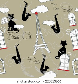 Seamless pattern with  Paris and music. Vector Illustration