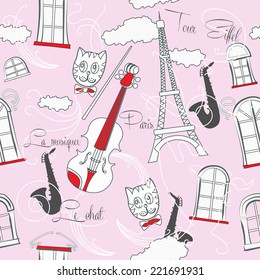 Seamless pattern with  Paris and music . Vector Illustration