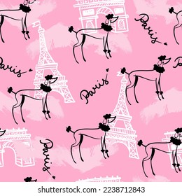 Seamless pattern with Paris and poodle dog. Cute pattern for textile, fabric, stationery, socks, wrapping paper, clothes and other designs.