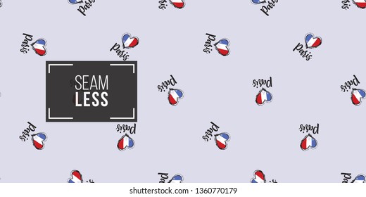 Seamless pattern with Paris sign and heart shape flag French. French symbols hand drawn illustrations. Watercolor style vector background.