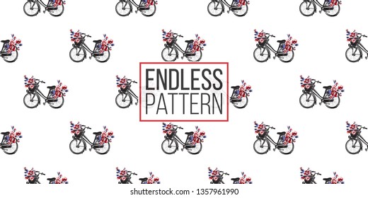 Seamless pattern with Parisian city bike with basket with flowers. French symbols hand drawn illustrations. Watercolor style vector background.