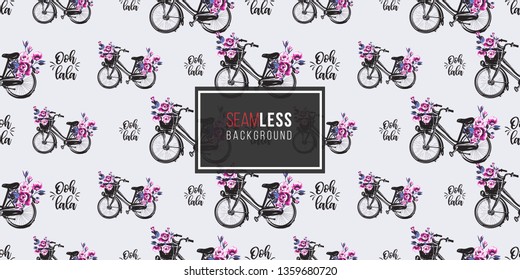 Seamless pattern with Parisian city bike with basket with flowers and oh dear text in French. French symbols hand drawn illustrations. Watercolor style vector background.