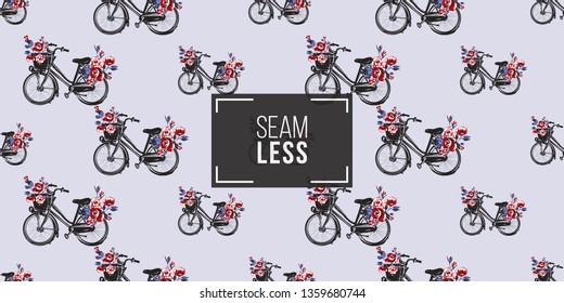 Seamless pattern with Parisian city bike with basket with flowers. French symbols hand drawn illustrations. Watercolor style vector background.