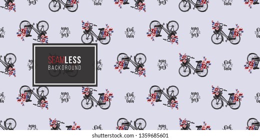 Seamless pattern with Parisian city bike with basket with flowers and oh dear text in French. French symbols hand drawn illustrations. Watercolor style vector background.
