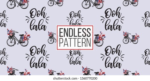 Seamless pattern with Parisian city bike with basket with flowers and oh dear text in French. French symbols hand drawn illustrations. Watercolor style vector background.