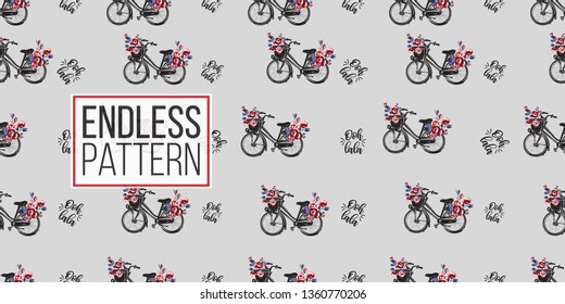 Seamless pattern with Parisian city bike with basket with flowers and oh dear text in French. French symbols hand drawn illustrations. Watercolor style vector background.