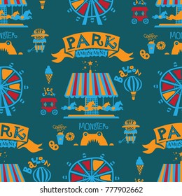 Seamless pattern Park. Attractions and pavilions with food and drinks,  Ferris wheel, balloons, a carousel with horses. Ideal for children's goods, to print on t-shirts, dresses