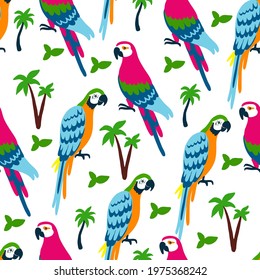 Seamless pattern Parrot ara, Tropical bird cartoon character design, Cute flat vector illustration macaw isolated on white background, South America fauna, Brazilian decorative texture, Wild animal