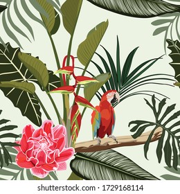 Seamless pattern with parrot bird, tropical leaves and paradise flowers. Trendy style. Vintage background.