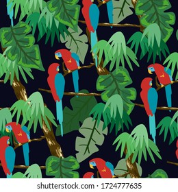 Seamless pattern with parrot. Forest pattern vector background