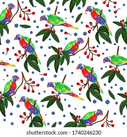 Seamless pattern with parrot. Forest pattern vector background