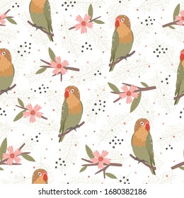Seamless pattern with parrot, leaves and flowers.