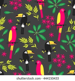 Seamless pattern with parrot, leaves, tropical flowers and toucan on dark background