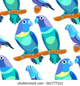 seamless pattern parrot lovebirds couple sitting  blue vector illustration