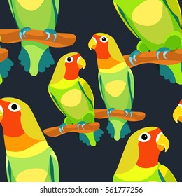 seamless pattern parrot lovebirds couple sitting head turned red .vector illustration
