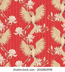 seamless pattern with parrot and magnolia flower, red,pink, batter and gold colors