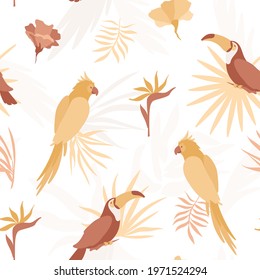 Seamless pattern with parrot, toucan, tropical flowers, palm leaves. Wild birds in yellow trendy colors. Vector summer illustration with strelitzia, cockatoo, fern. Hawaiian background.