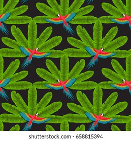 Seamless pattern of parrots and banana green leaves fan isolated on black. Tropical wallpaper, textile print, exotic background.