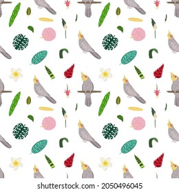 Seamless pattern with parrots cockatiel sit on stick, tropical leaves and flowers. Cute baby print for fabric and textile.