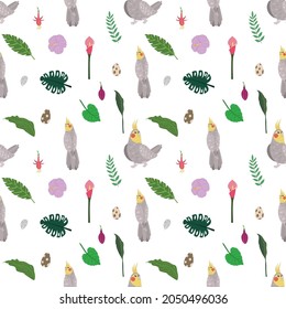 Seamless pattern with parrots cockatiel, tropical leaves and flowers. Cute baby print for fabric and textile.