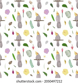 Seamless pattern with parrots cockatiel, tropical leaves and flowers, hibiscus and egg. Cute baby print for fabric and textile.