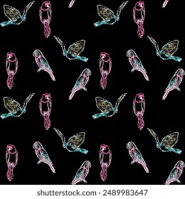 Seamless pattern of parrots cockatoo on the tropical branches with leaves and flowers on dark. Hand drawn, vector - stock.
