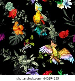 Seamless pattern of parrots cockatoo on the tropical branches with leaves and flowers on dark. Hand drawn, vector - stock.