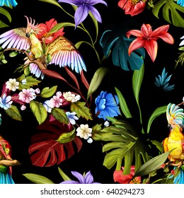 Seamless pattern of parrots cockatoo on the tropical branches with leaves and flowers on black. Hand drawn, vector - stock.