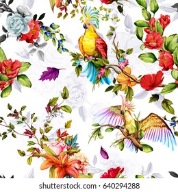 Seamless pattern of parrots cockatoo on the tropical branches with leaves and flowers on white. Hand drawn, vector - stock.