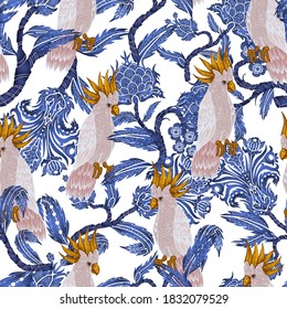 Seamless pattern with parrots and ethnic floral ornament. Vector