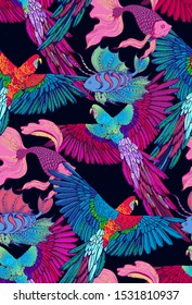 Seamless pattern of parrots and fishs. Suitable for fabric, wrapping paper and the like. Vector illustration