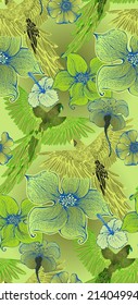 Seamless pattern of parrots and flowers. Green and yellow colors. Suitable for fabric, mural, wrapping paper and the like