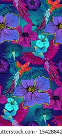 Seamless pattern of parrots and flowers. Suitable for fabric, wrapping paper and the like. Vector illustration