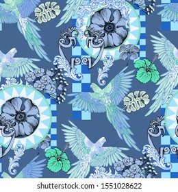 Seamless pattern of parrots and flowers. Suitable for fabric, wrapping paper and the like. Vector illustration