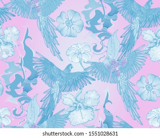 Seamless pattern of parrots and flowers. Suitable for fabric, wrapping paper and the like. Vector illustration