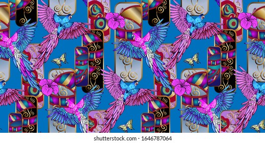 Seamless pattern of parrots and flowers. Suitable for fabric, wrapping paper and the like. Vector illustration