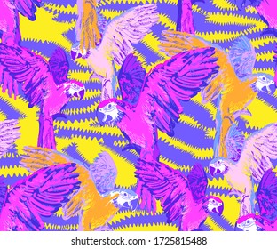 Seamless pattern of parrots and flowers. Suitable for fabric, wrapping paper and the like. Vector illustration