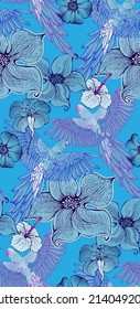 Seamless pattern of parrots and flowers. Suitable for fabric, mural, wrapping paper and the like.