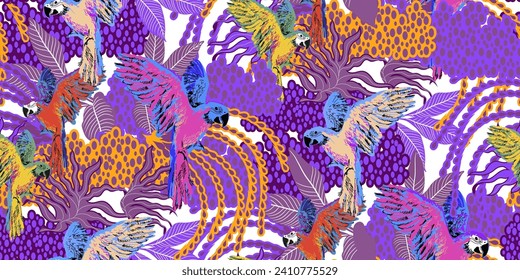 Seamless pattern of parrots and flowers. Suitable for fabric, mural, wrapping paper and the like. 