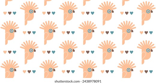 Seamless pattern with parrots and hearts. Summer childish background with cute exotic tropical birds for pet shop, zoo, clothes, decoration for kids bedroom. Vector flat cartoon illustration