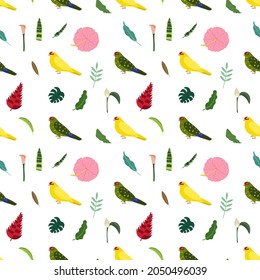Seamless pattern with parrots kakariki yellow and green, tropical leaves and flowers. Cute baby print for fabric and textile.