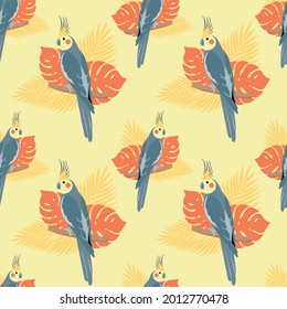 Seamless pattern with parrots and leaves. Cockatiel on yellow background. Vector design for paper, cover, fabric, gift wrap, interior.