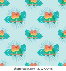 Seamless pattern with parrots and leaves. Lovebirds on light blue background. Vector design for paper, cover, fabric, gift wrap, interior.