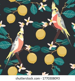 Seamless pattern with parrots and lemons on bloom. Retro colors. Colorful hand drawn sketch. Great choice for textile, backgrounds, wallpaper, wrapping paper.
